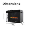 Dimensional drawing of Exotronic 12V 300Ah lithium battery showing length, width and height with terminal clearance