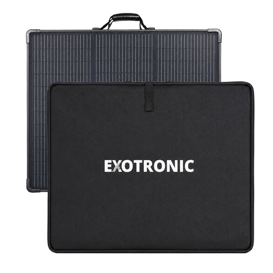 Folded 300W solar panel with protective black carry bag and Exotronic branding