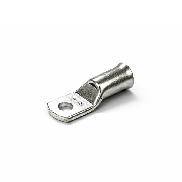 Tin-plated 35mm² copper lug with M6 hole and flared bellmouth entry