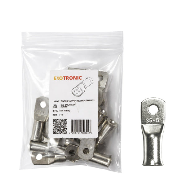 10 pack of tinned copper bellmouth lugs for 35mm2 cable with M6 stud hole
