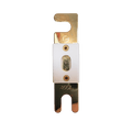 Front view of 400A ANL fuse with gold-plated terminals and white ceramic housing showing inspection window