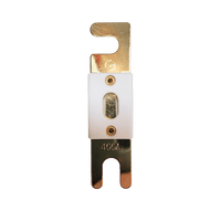 Front view of 400A ANL fuse with gold-plated terminals and white ceramic housing showing inspection window