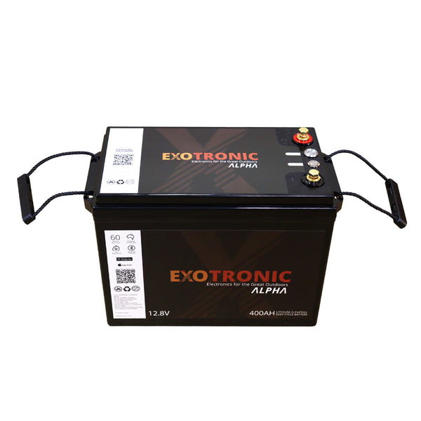 Front perspective of the 400Ah lithium battery with rope handles extended on both sides