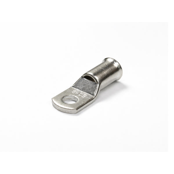 Tin-plated 50mm² copper lug with M8 hole and flared bellmouth entry
