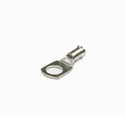 Tin-plated 6mm² copper lug with M10 hole and flared bellmouth entry