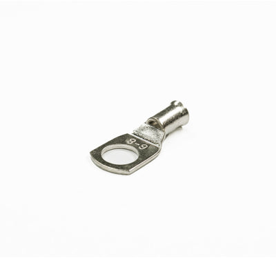 Tin-plated 6mm² copper lug with M8 hole and flared bellmouth entry