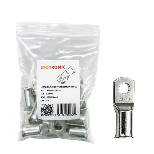 10 pack of 70mm2 tinned copper cable lugs with M10 stud hole in clear retail packaging