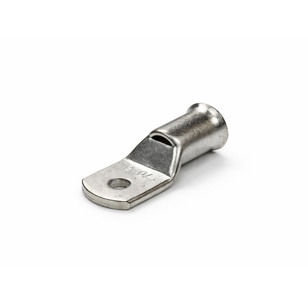 Tin-plated 70mm² copper lug with M6 hole and flared bellmouth entry