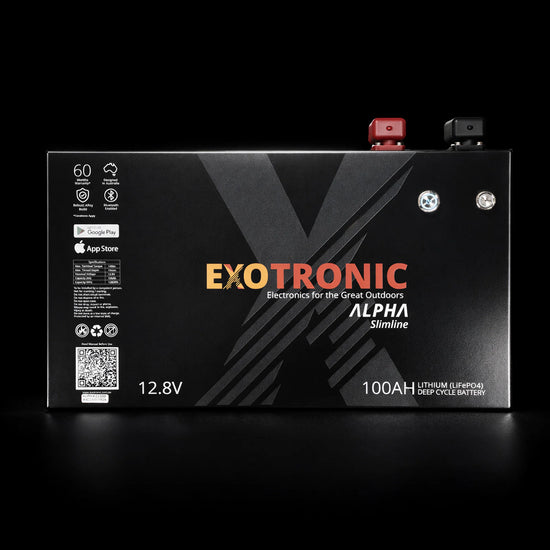 Front view of Exotronic Alpha 100Ah slimline battery with clear labeling and terminals