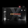 Front view of Exotronic Alpha 100Ah slimline battery with clear labeling and terminals