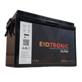 Angled view of 12V 200Ah lithium battery showing front label with specifications and side rope handle