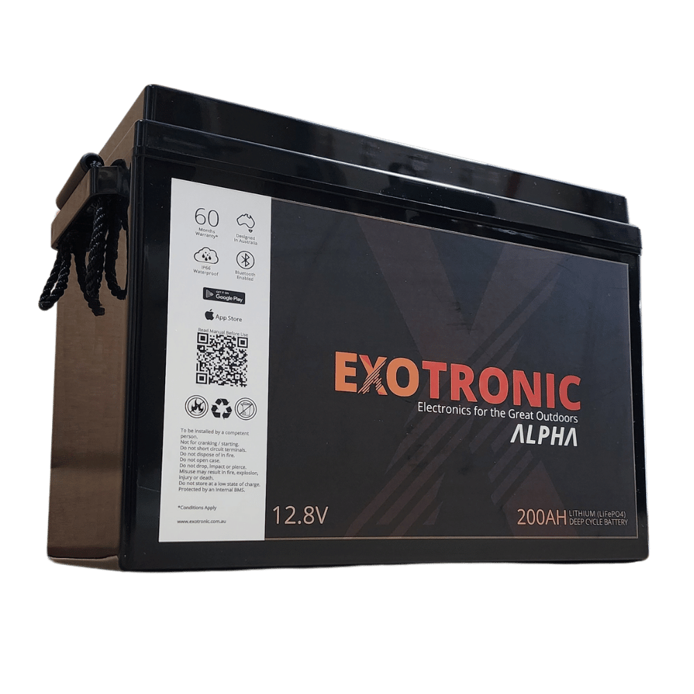 Angled view of 12V 200Ah lithium battery showing front label with specifications and side rope handle