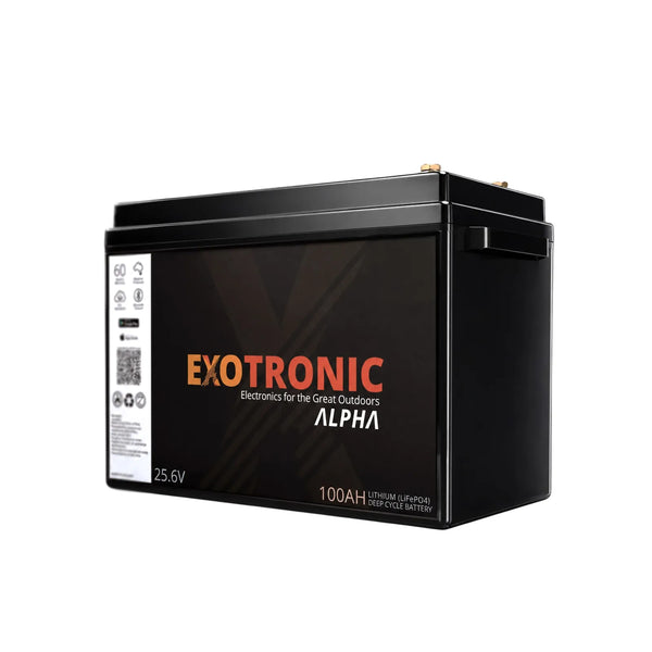 Exotronic 24V 100Ah Alpha lithium battery in black ABS case