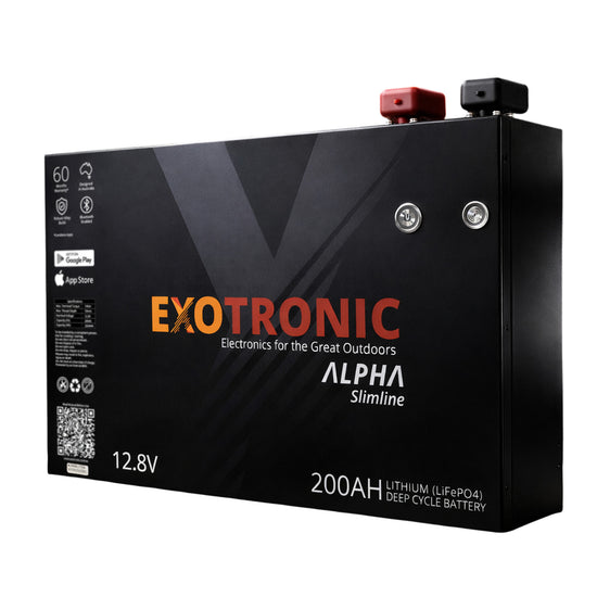 Angled view of 200Ah slimline lithium battery in black metal case with red and black terminals on top right
