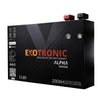 Angled view of 200Ah slimline lithium battery in black metal case with red and black terminals on top right