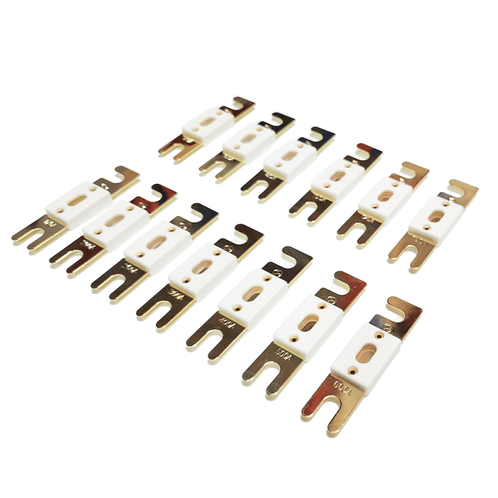 Angled group shot of Exotronic ANL fuse range from 40A to 600A