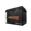 Angled view of Exotronic 12V 300Ah lithium battery isolated on transparent background