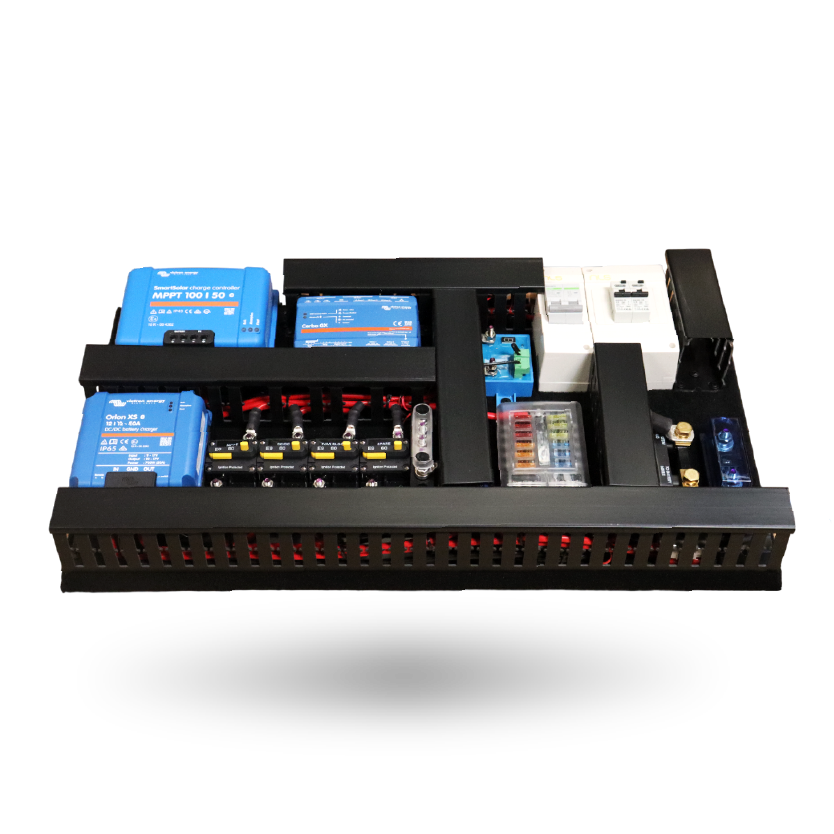 Angled view of Exotronic pre-wired board with Victron MPPT, Cerbo GX and Orion XS components