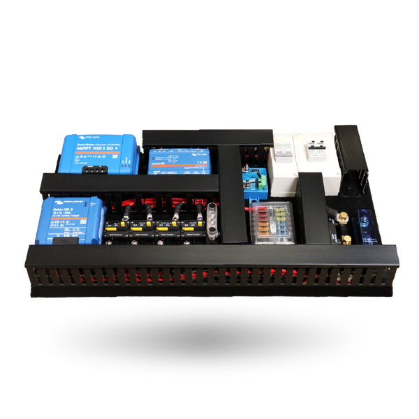 Angled view of Exotronic pre-wired board with Victron MPPT, Cerbo GX and Orion XS components