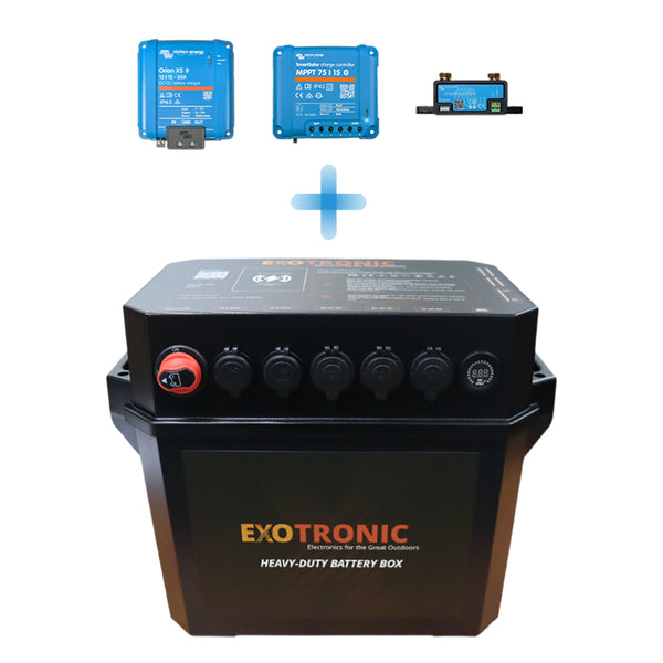 Front view of Exotronic battery box bundle with Victron Orion XS, SmartSolar MPPT and SmartShunt components