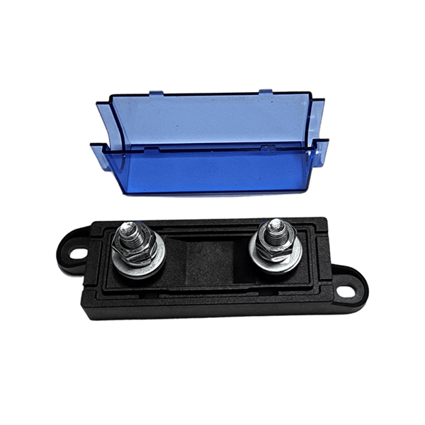 Exploded view of fuse holder showing detached blue cover and black base with dual threaded studs