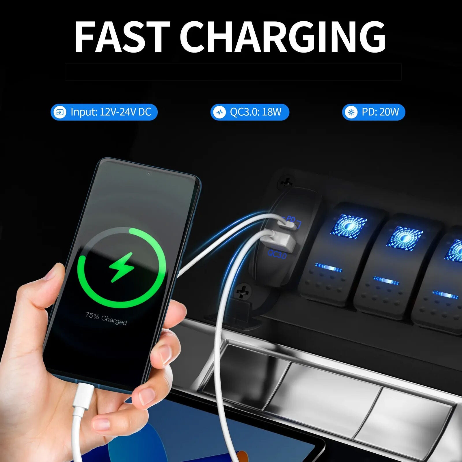 Smartphone charging on the USB socket with illuminated blue ports