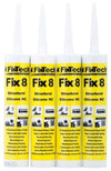 Four yellow cartridges of Fixtech Fix8 structural silicone sealant standing side by side