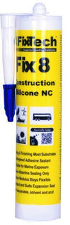 Yellow cartridge of Fixtech Fix8 structural silicone sealant with nozzle attached showing usage icons