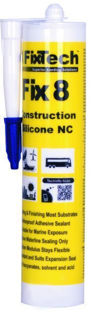 Yellow cartridge of Fixtech Fix8 structural silicone sealant with nozzle attached showing usage icons