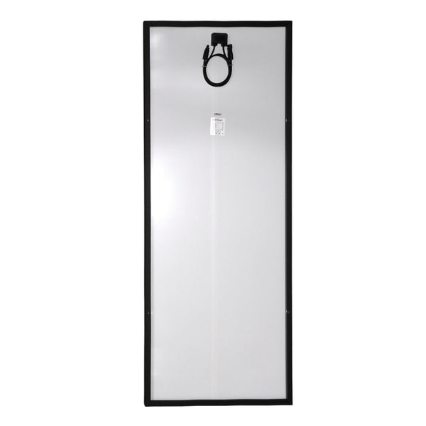Rear view of solar panel showing white backing sheet, junction box and cables
