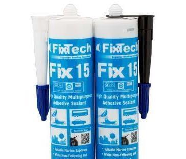 Two Fixtech Fix15 adhesive sealant cartridges standing upright side by side