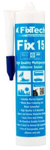 Upright Fixtech Fix15 white adhesive sealant cartridge showing nozzle and front label specifications