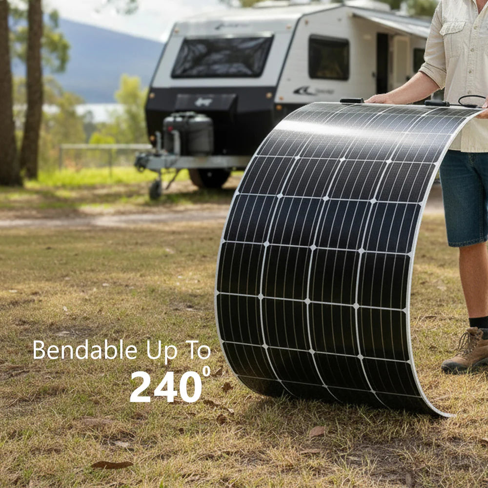 A person holding a Sunman solar panel bent to demonstrate its 240 degree flexibility