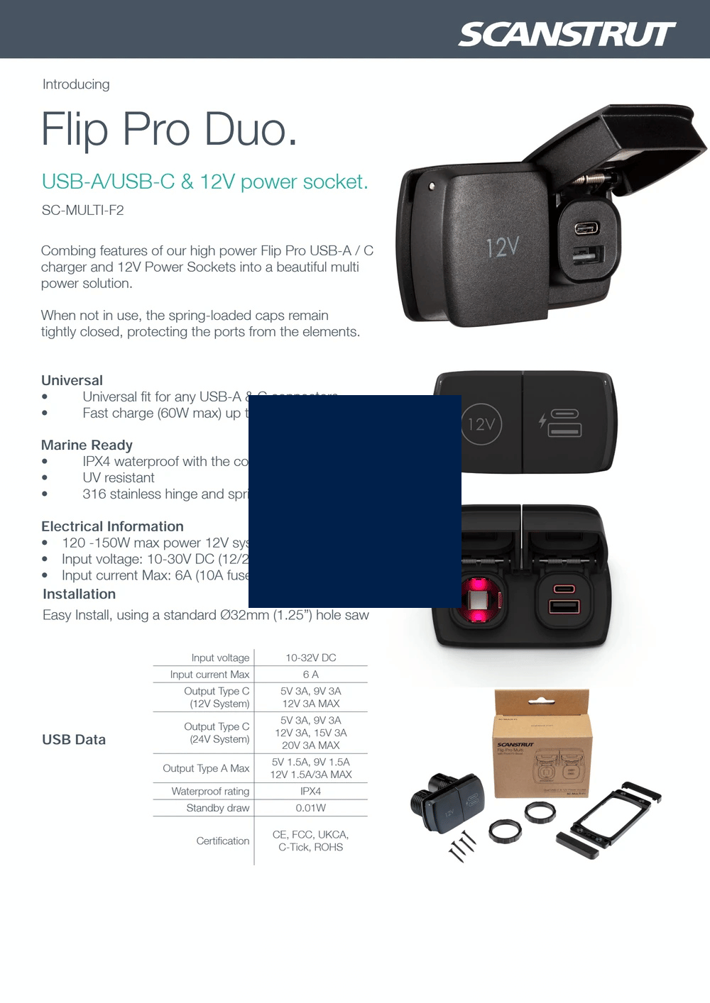 Product specification sheet showing electrical information and waterproof ratings