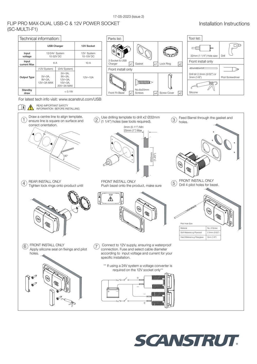 Installation instructions for the Scanstrut Flip Pro Multi power socket