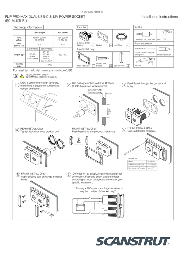 Installation instructions for the Scanstrut Flip Pro Multi power socket