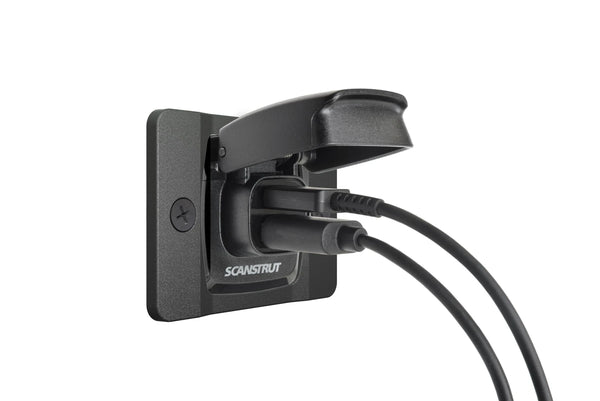 Angle view of Flip Pro dual USB socket with charging cables connected to both ports