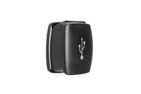 Weatherproof dual USB charger with closed flip lid featuring a white USB icon