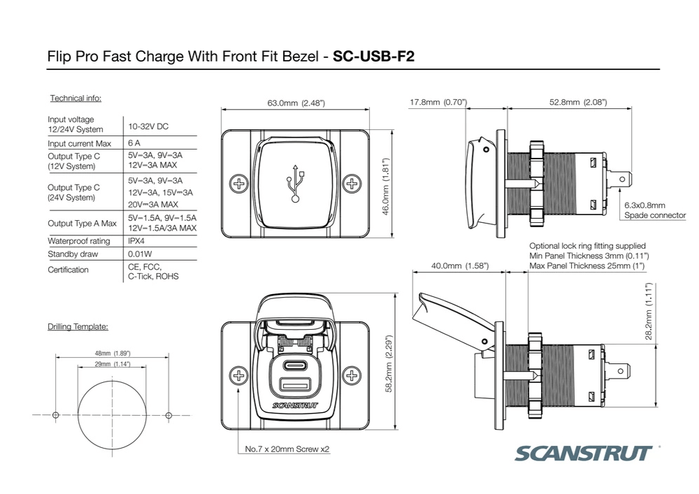 Technical dimensional drawing and drilling template for the Flip Pro USB socket