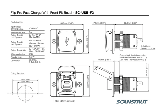 Technical dimensional drawing and drilling template for the Flip Pro USB socket