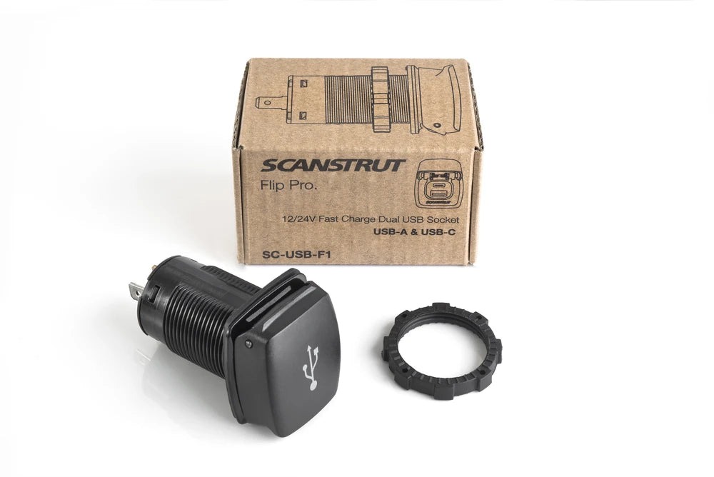 Product packaging and Scanstrut Flip Pro dual USB charger with locking nut