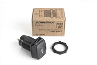 Product packaging and Scanstrut Flip Pro dual USB charger with locking nut