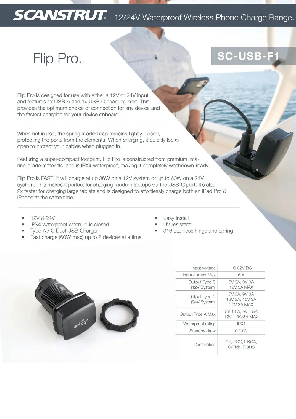 Specifications sheet for the Flip Pro USB socket showing 12V and 24V system data