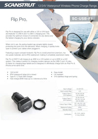 Specifications sheet for the Flip Pro USB socket showing 12V and 24V system data