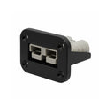 Angled front view of black flush mount panel with grey 50A Anderson plug installed