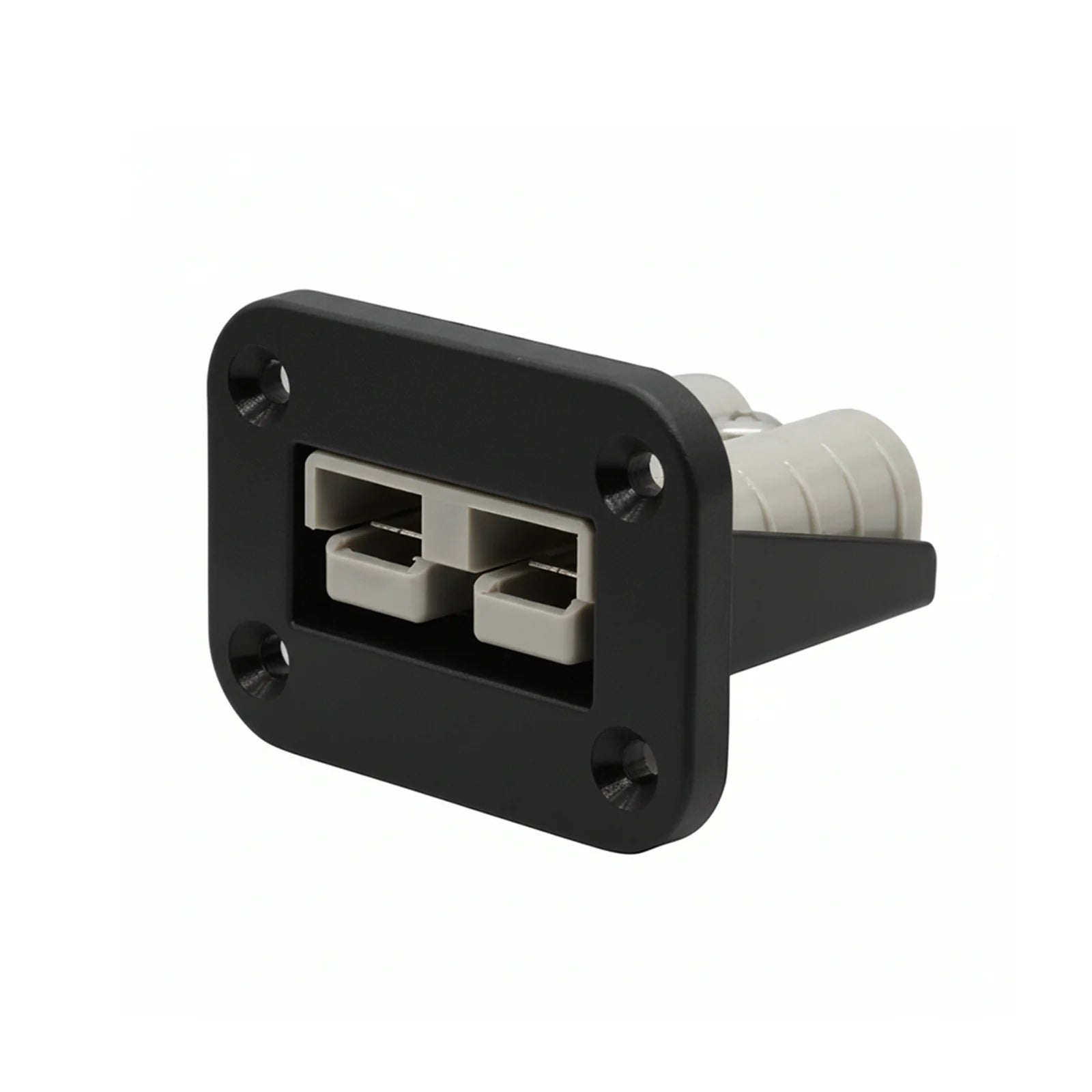 Angled front view of black flush mount panel with grey 50A Anderson plug installed