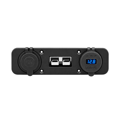 Front view of flush mount panel with 12V socket, 50A Anderson connector and digital voltmeter display
