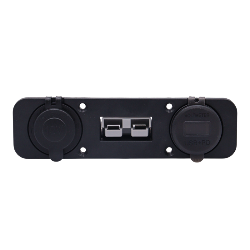 Front view of black flush mount power panel with closed dust covers and central Anderson connector