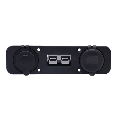 Front view of black flush mount power panel with closed dust covers and central Anderson connector