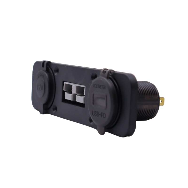 Side profile of flush mount panel showing mounting threads and rear electrical terminals